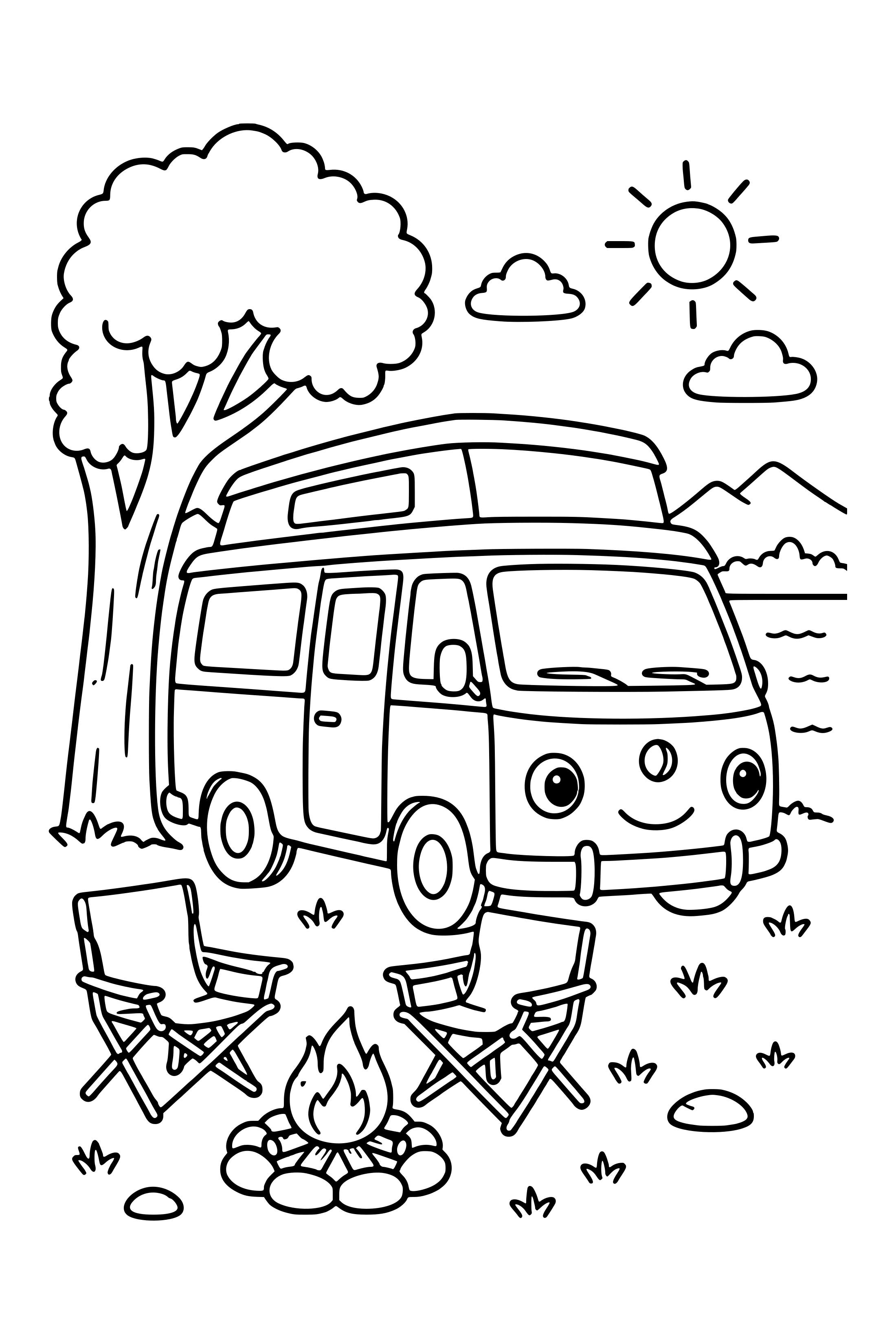Coloring page of a camper van parked at a quiet campsite beside a tree and folded chairs