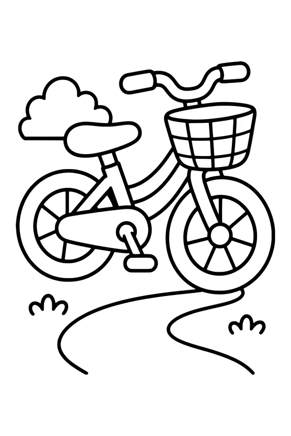 Coloring page of a bicycle with a basket and broad rounded tires beside a simple path