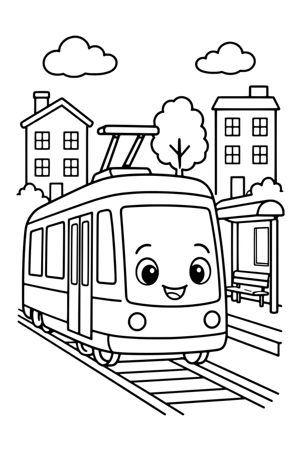 Coloring page of a tram moving along rails beside a stop and two simple buildings