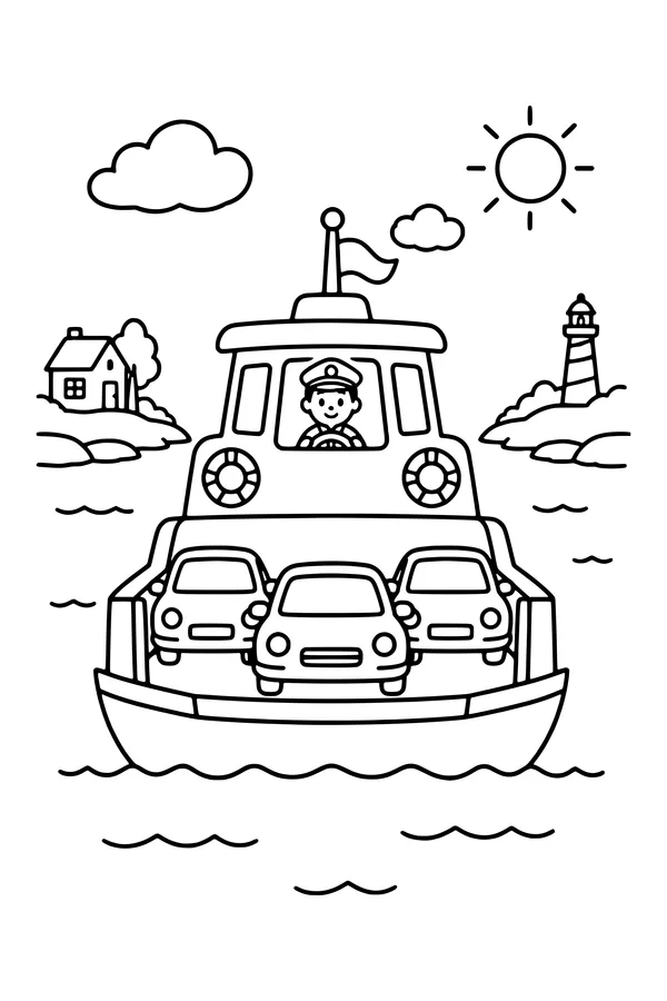 Coloring page of a small ferry carrying cars between two low shorelines
