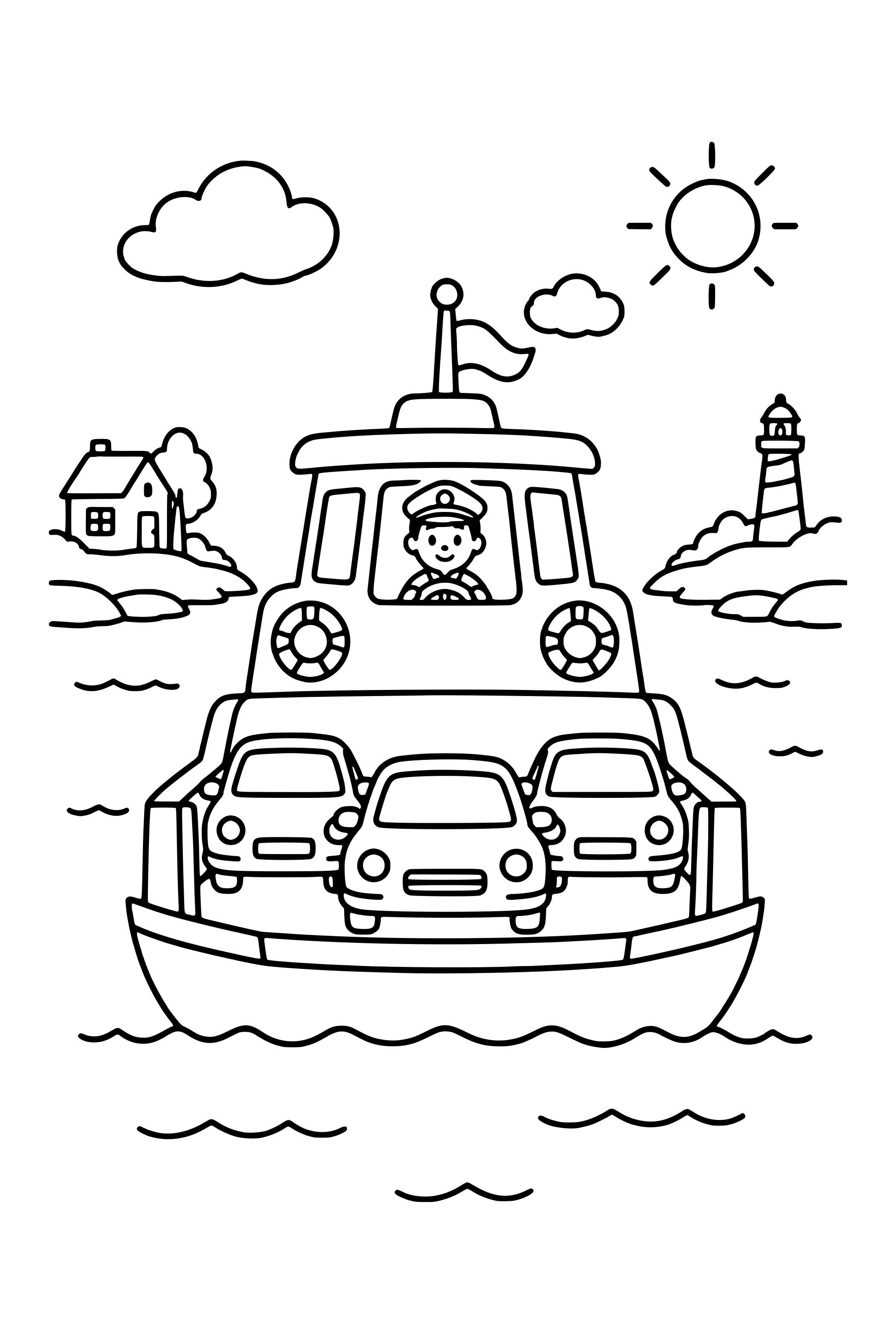 Coloring page of a small ferry carrying cars between two low shorelines