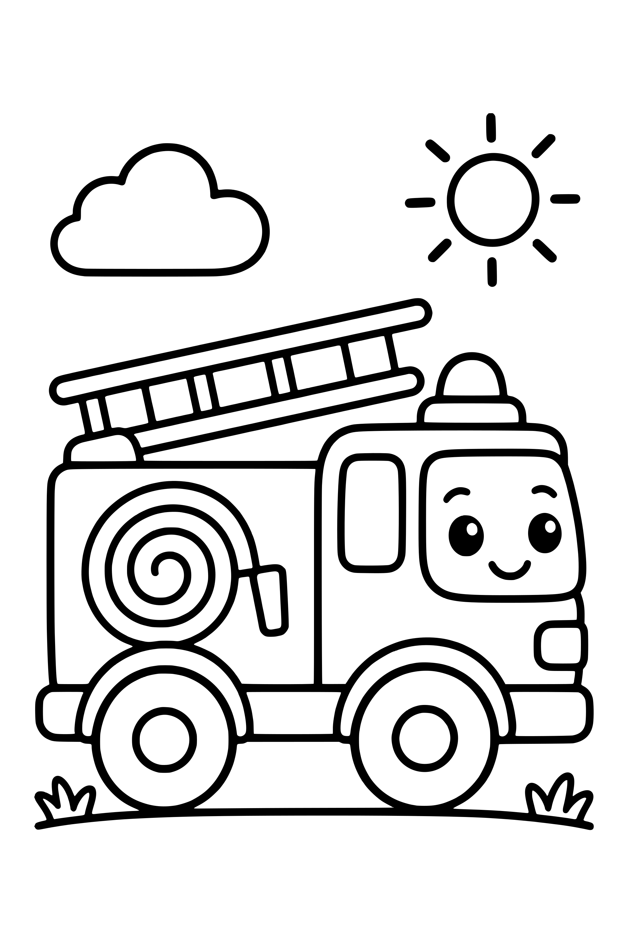 Coloring page of a friendly fire engine with a ladder and coiled hose seen from the side