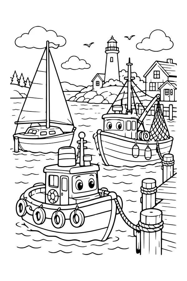 Coloring page of a quiet harbor with a tugboat, fishing boat and sailboat tied near a pier