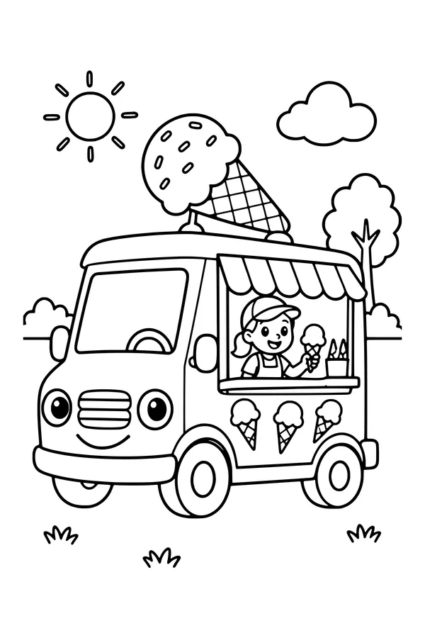 Coloring page of an ice cream van with a serving window and a large cone decoration