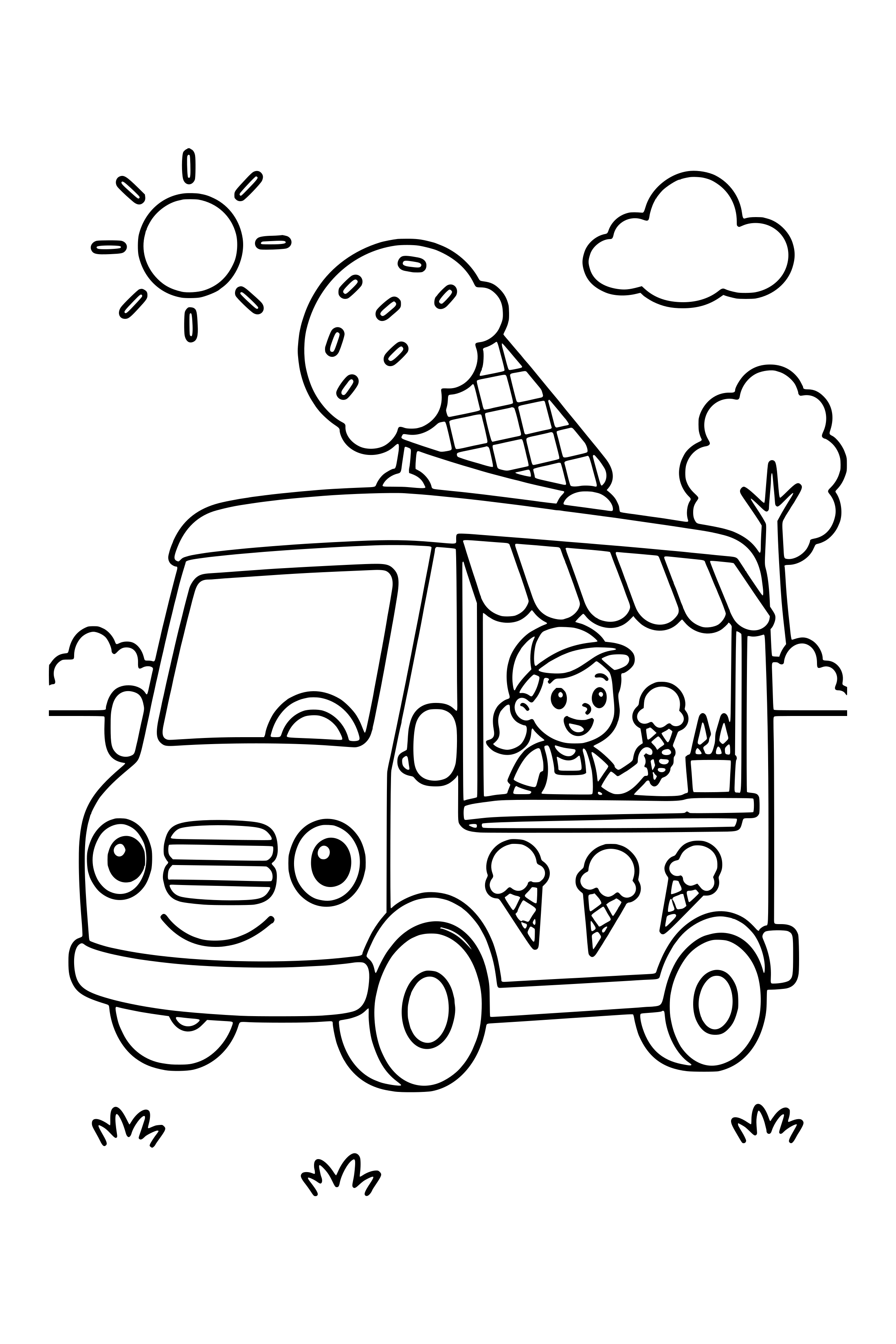 Coloring page of an ice cream van with a serving window and a large cone decoration