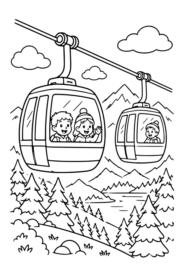 Coloring page of two cable car cabins suspended above a wooded mountain slope