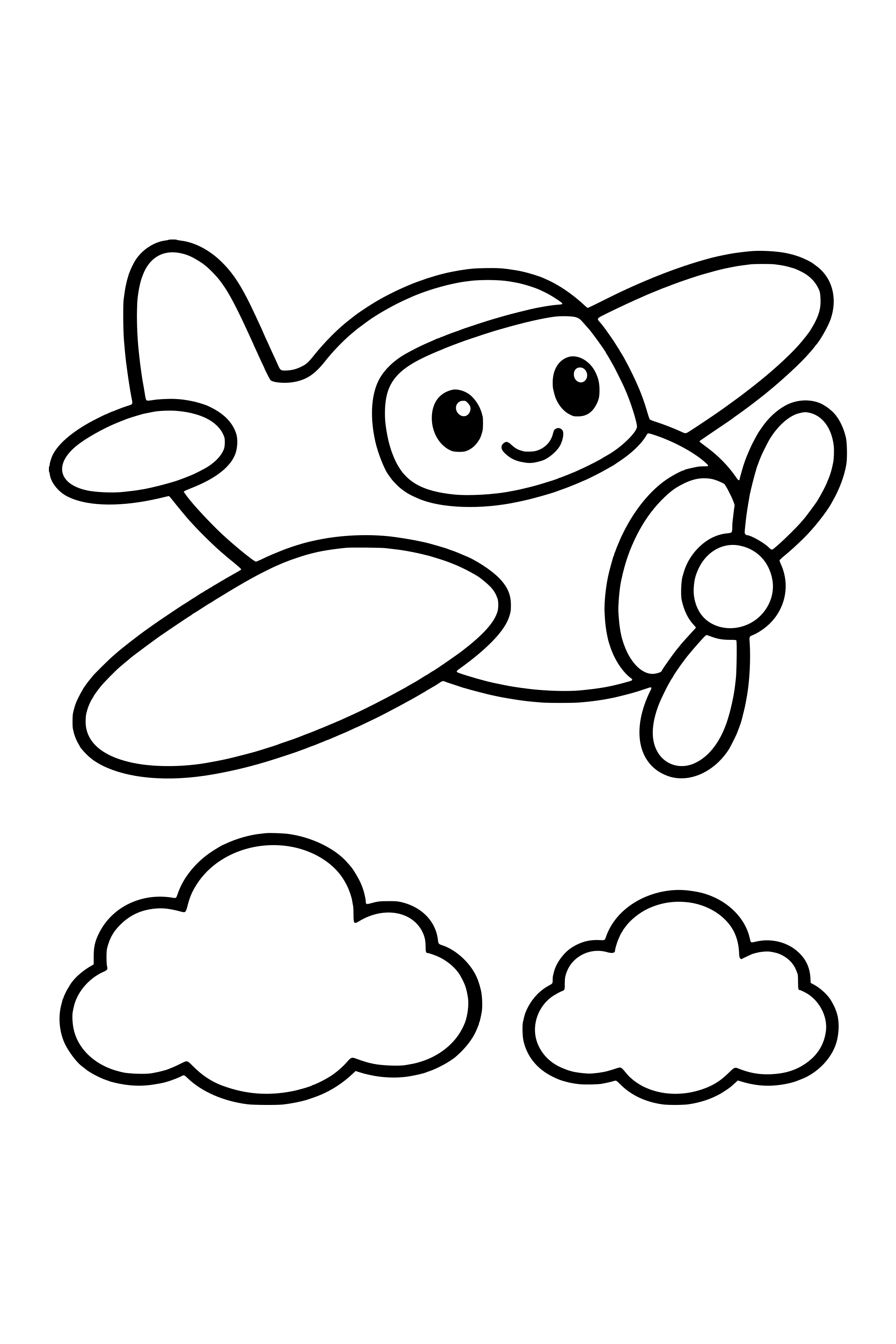 Coloring page of a small propeller airplane flying above two rounded clouds