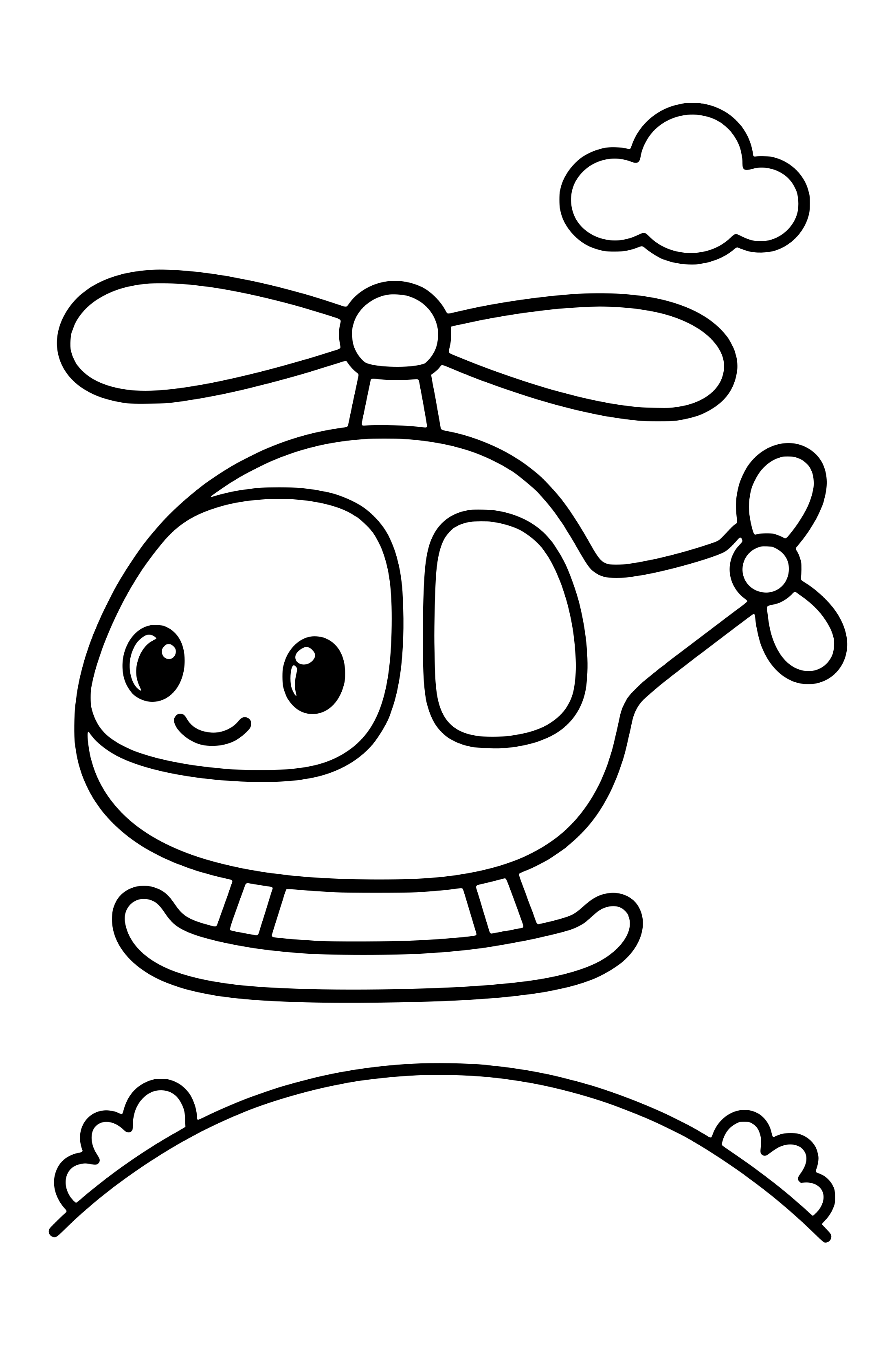 Coloring page of a simple helicopter with a broad rotor and rounded windows above a hill