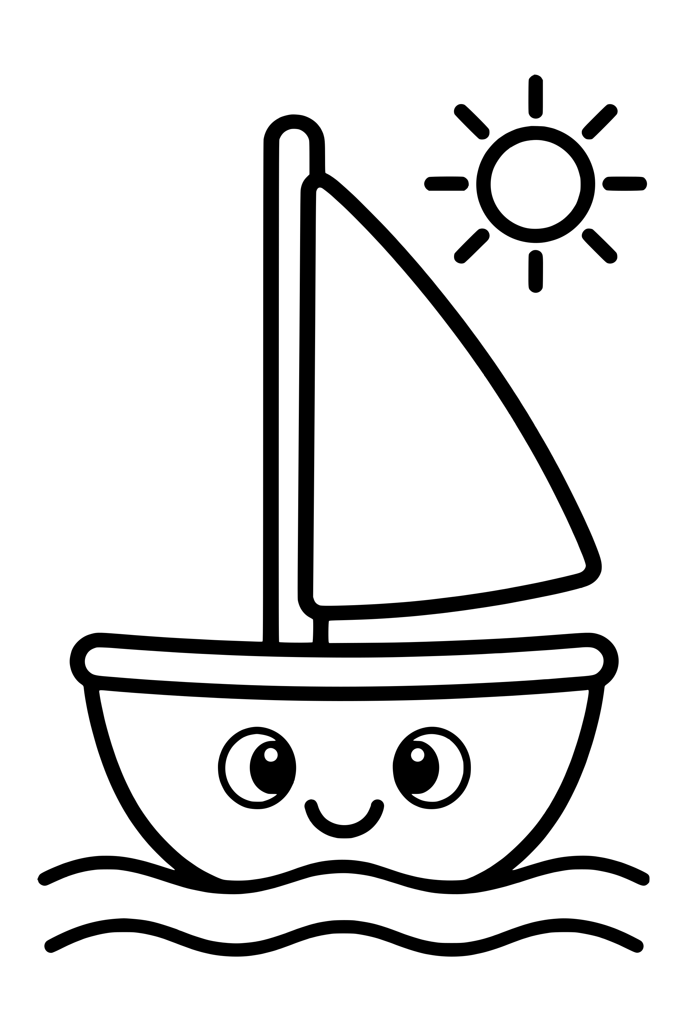 Coloring page of a small sailboat with a broad triangular sail on gentle water