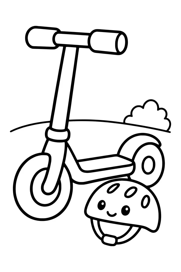 Coloring page of a simple kick scooter with two large wheels and a helmet resting beside it