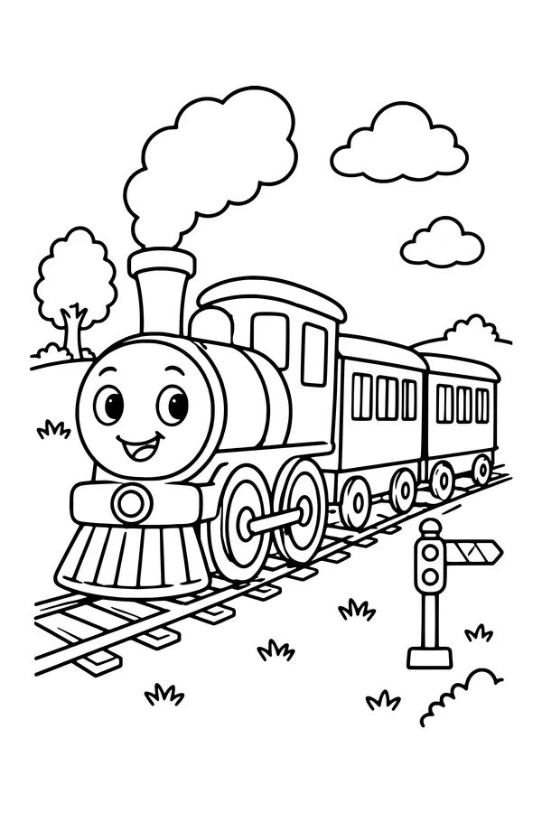 Coloring page of a steam locomotive pulling two carriages past a small signal