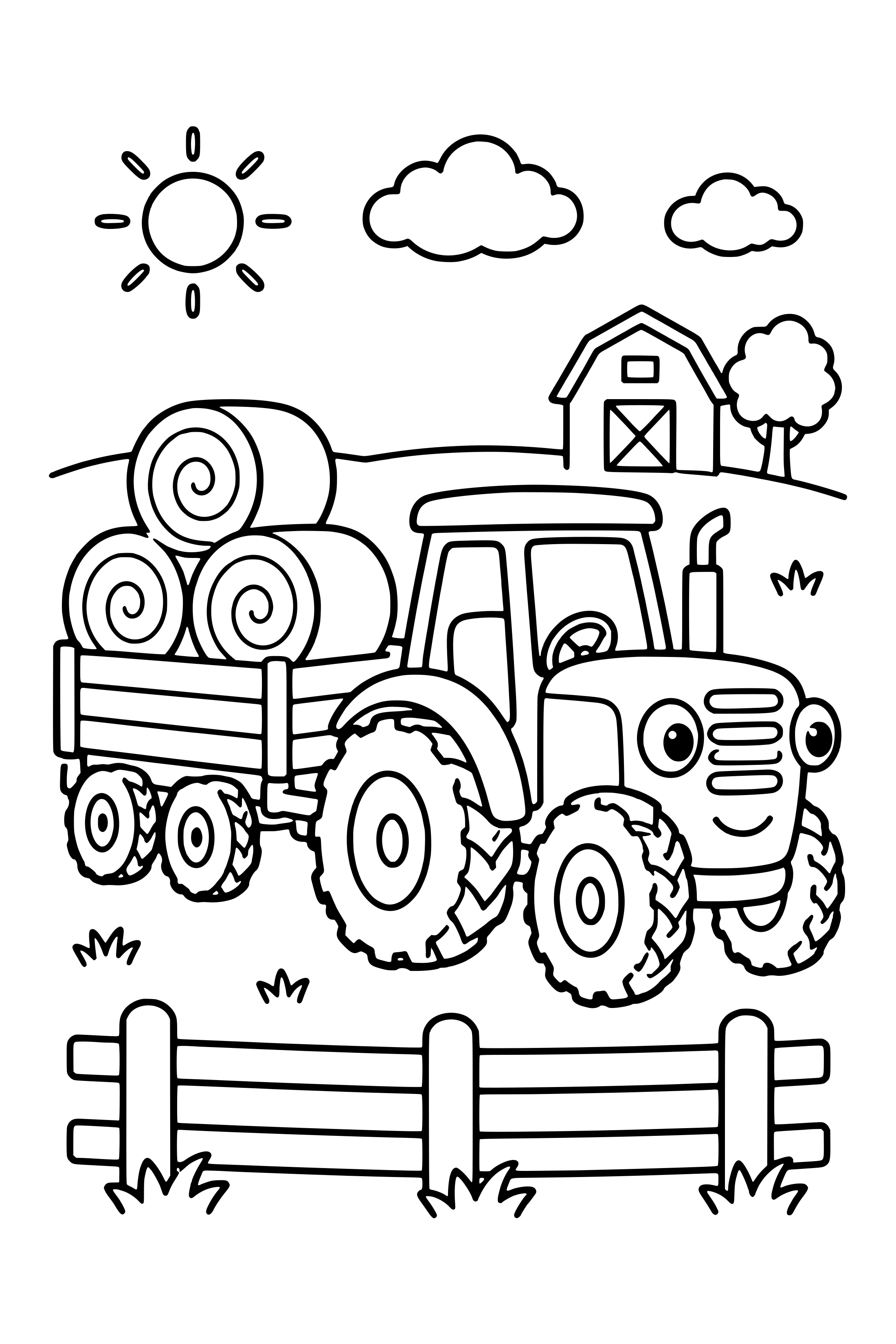 Coloring page of a farm tractor pulling a trailer of round hay bales beside a fence