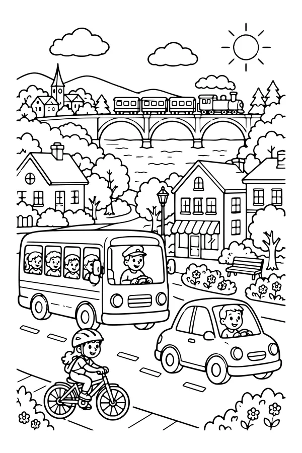 Coloring page of a small town scene with a bus, bicycle, car and train crossing a distant bridge