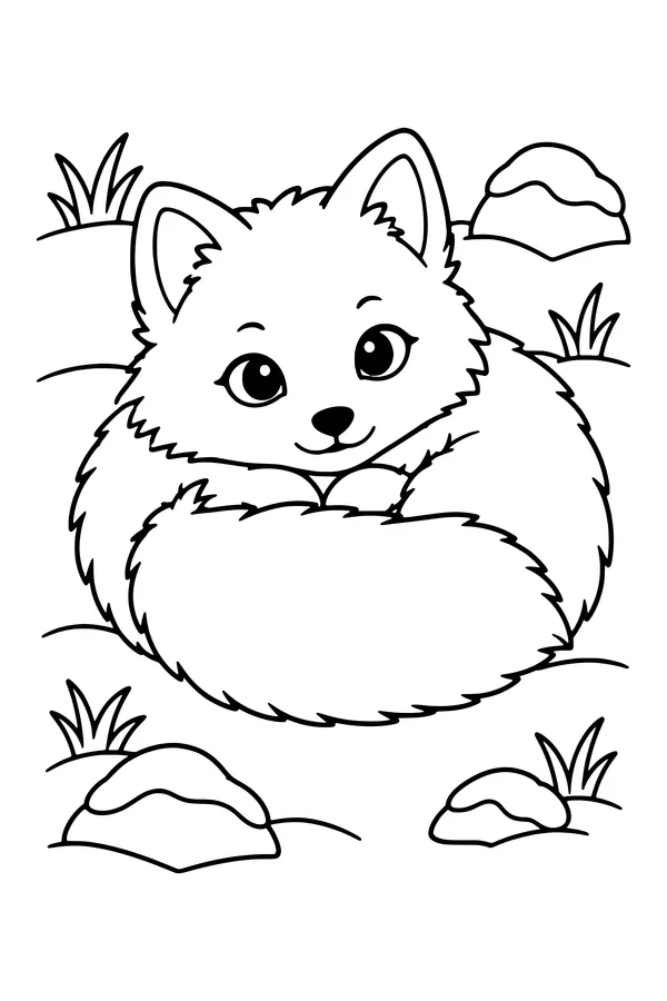 Coloring page of a fluffy arctic fox curled up in the snow with its tail around it
