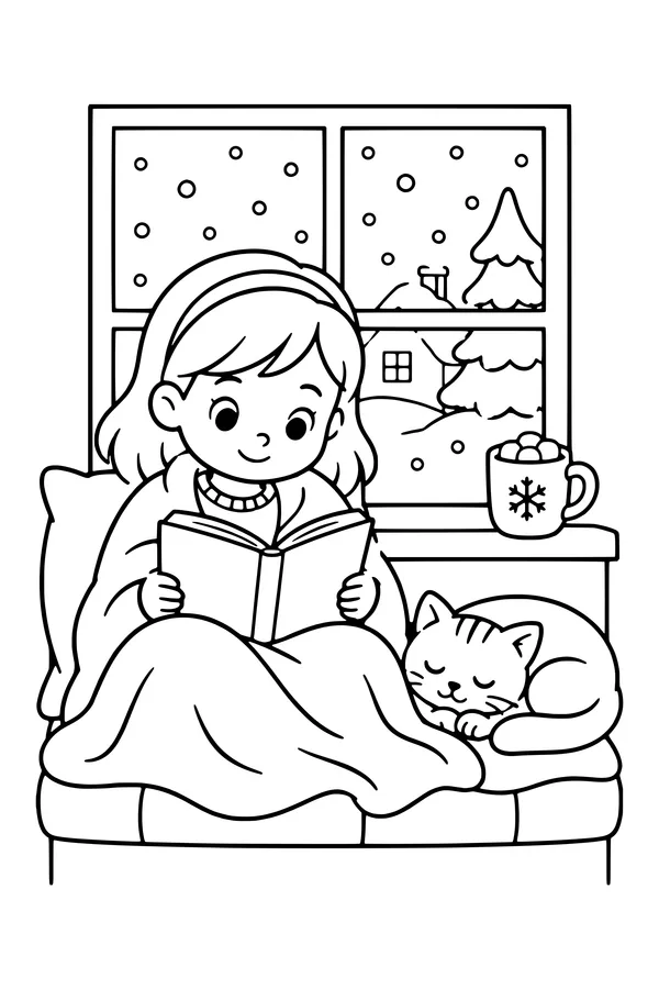 Coloring page of a child in a blanket reading by a window while snow falls outside