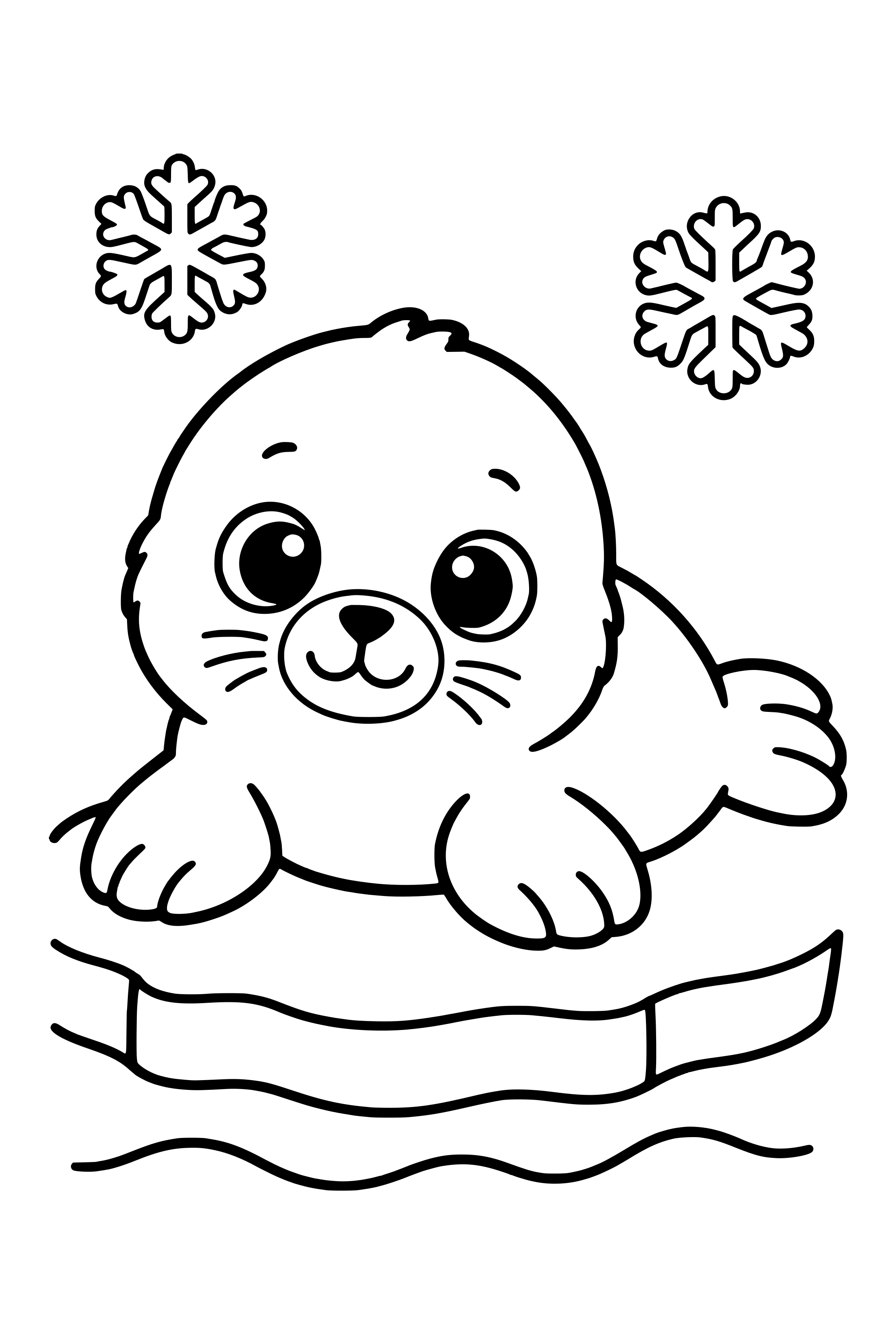 Coloring page of a fluffy baby seal pup lying on the ice