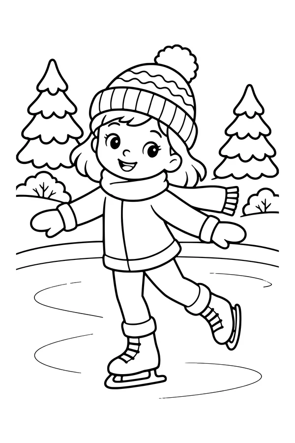 Coloring page of a child ice skating on a frozen pond in a hat, scarf and mittens