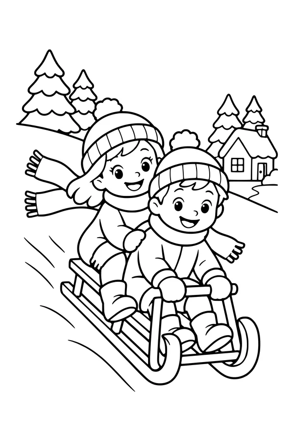 Coloring page of two kids riding a wooden sled down a snowy hill