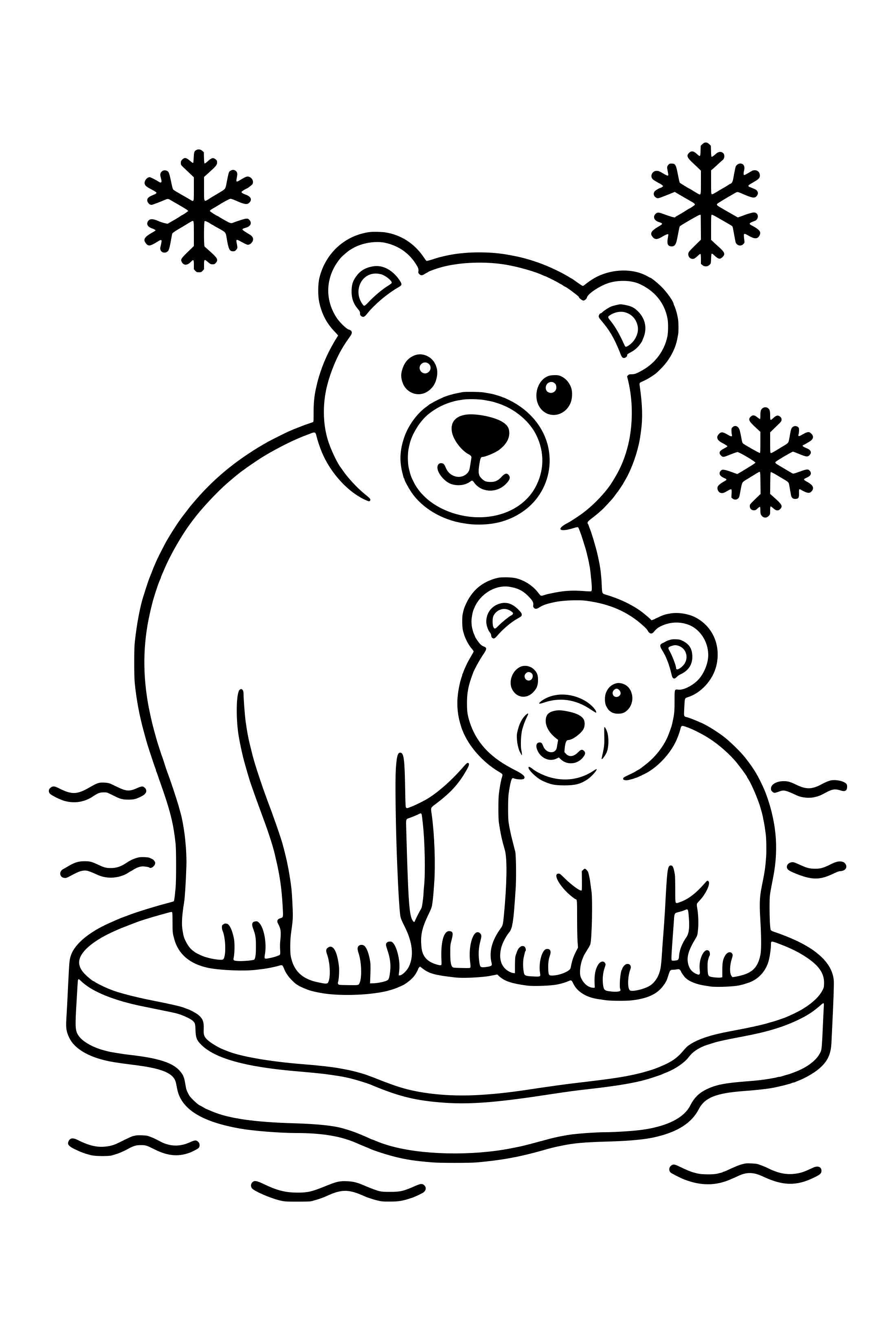 Coloring page of a mother polar bear and her cub on an ice floe