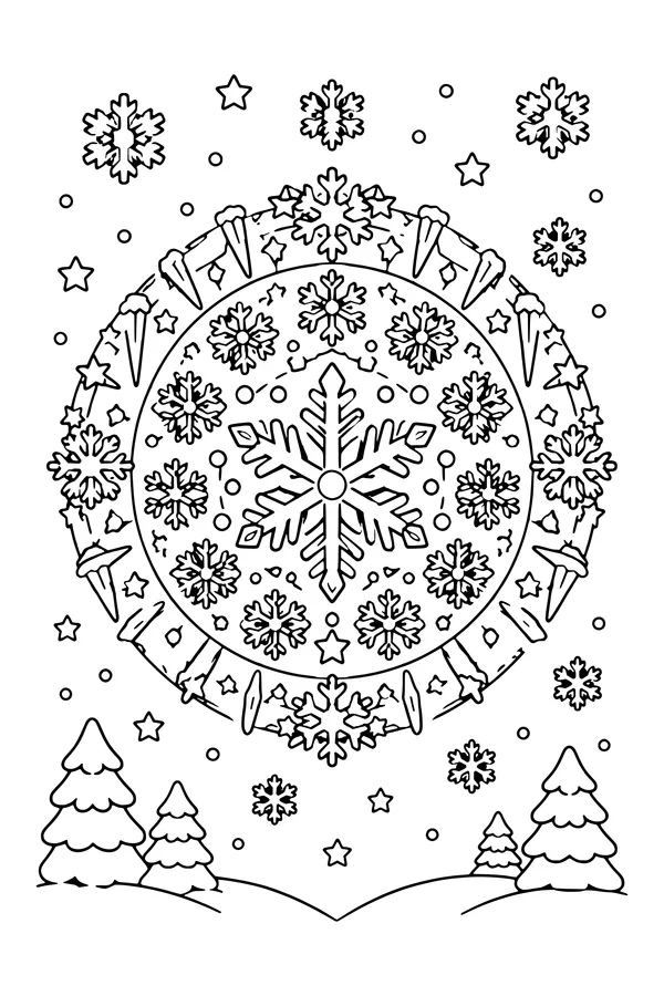 Coloring page of a round mandala with a big snowflake in the center and rings of small snowflakes