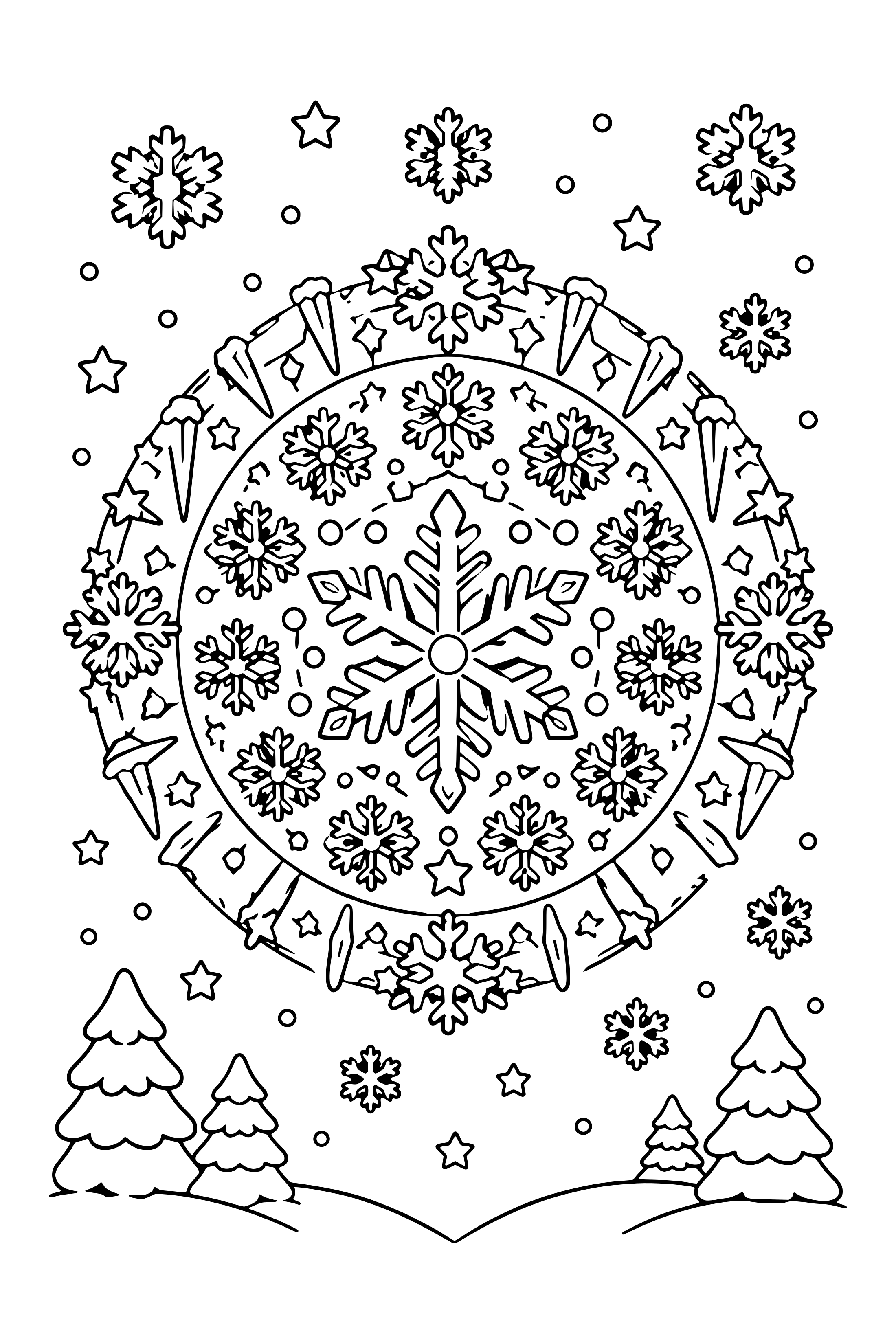 Coloring page of a round mandala with a big snowflake in the center and rings of small snowflakes