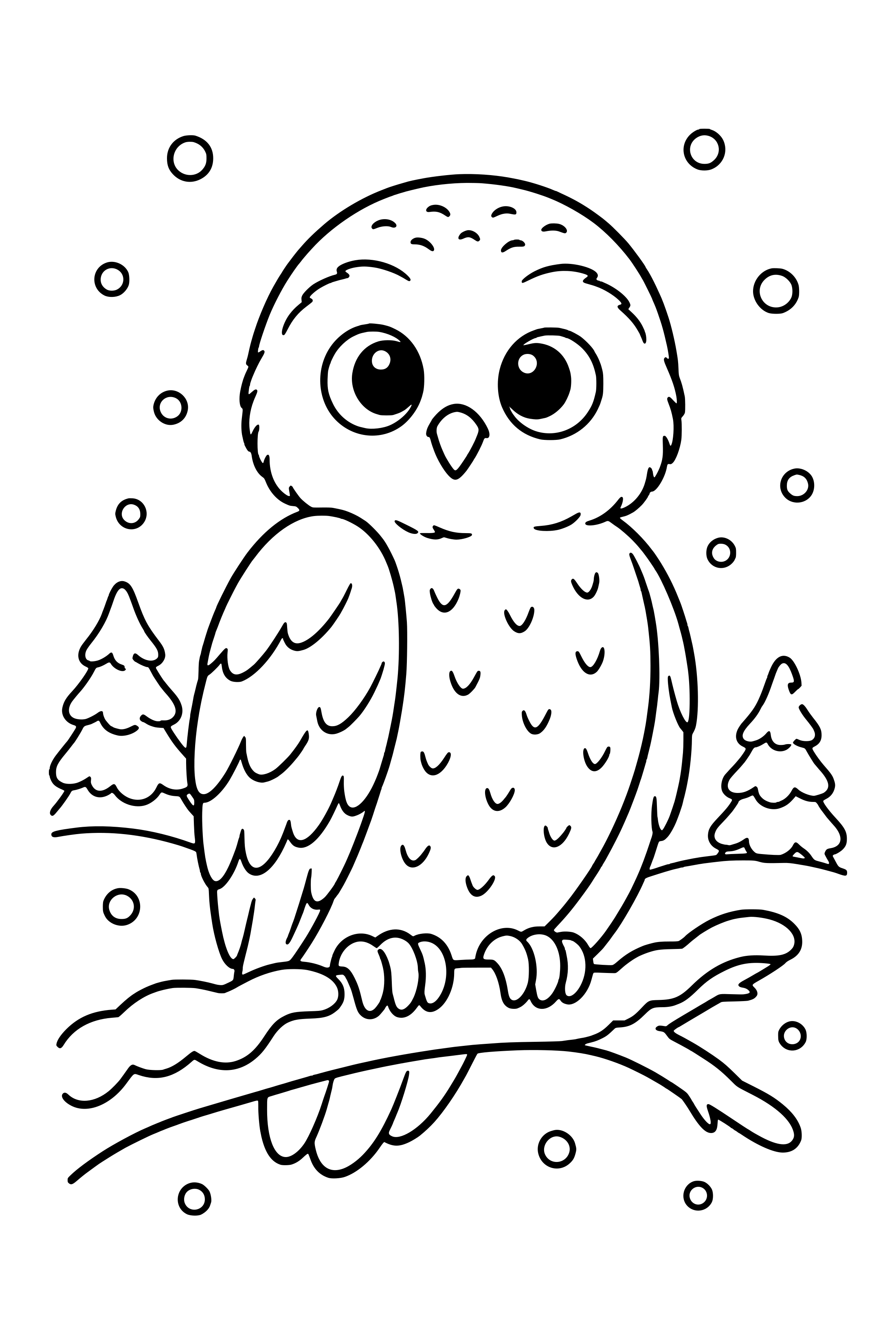 Coloring page of a snowy owl perched on a snowy branch