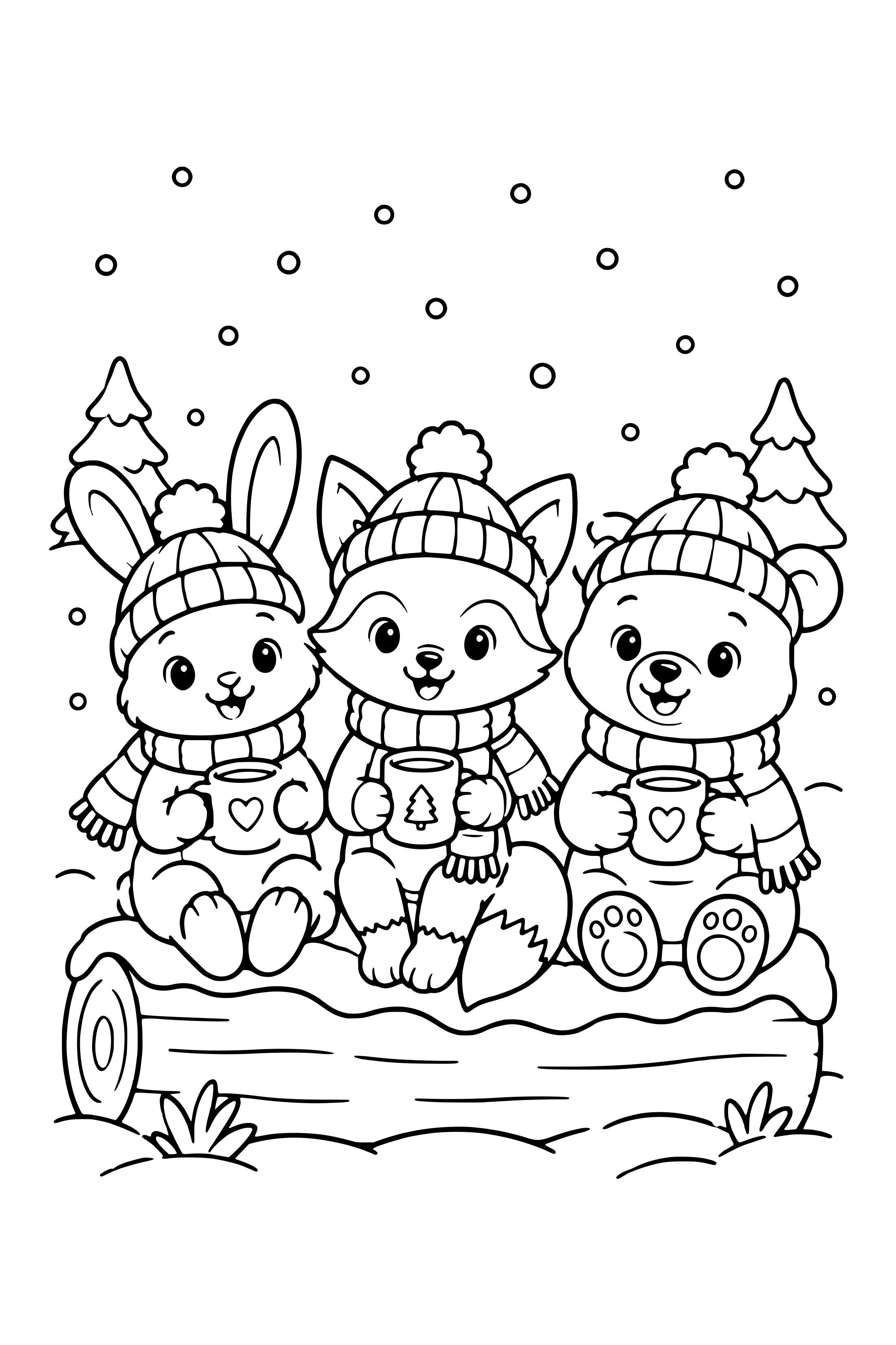Coloring page of a bunny, a fox and a bear cub in knitted hats sitting on a snowy log with mugs