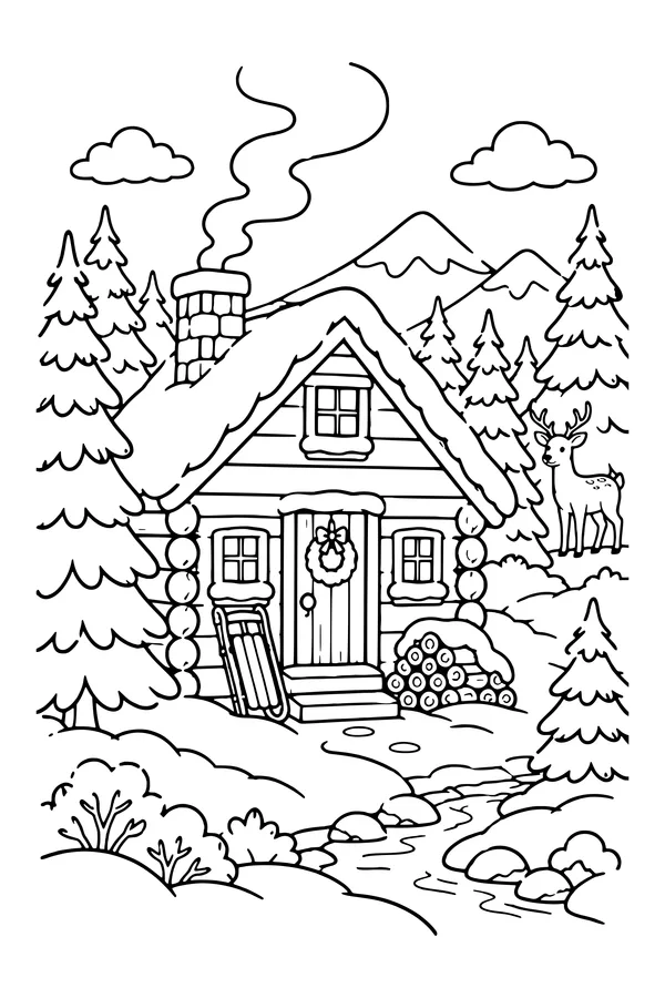 Coloring page of a log cabin in a snowy forest with a sled by the door and a deer nearby