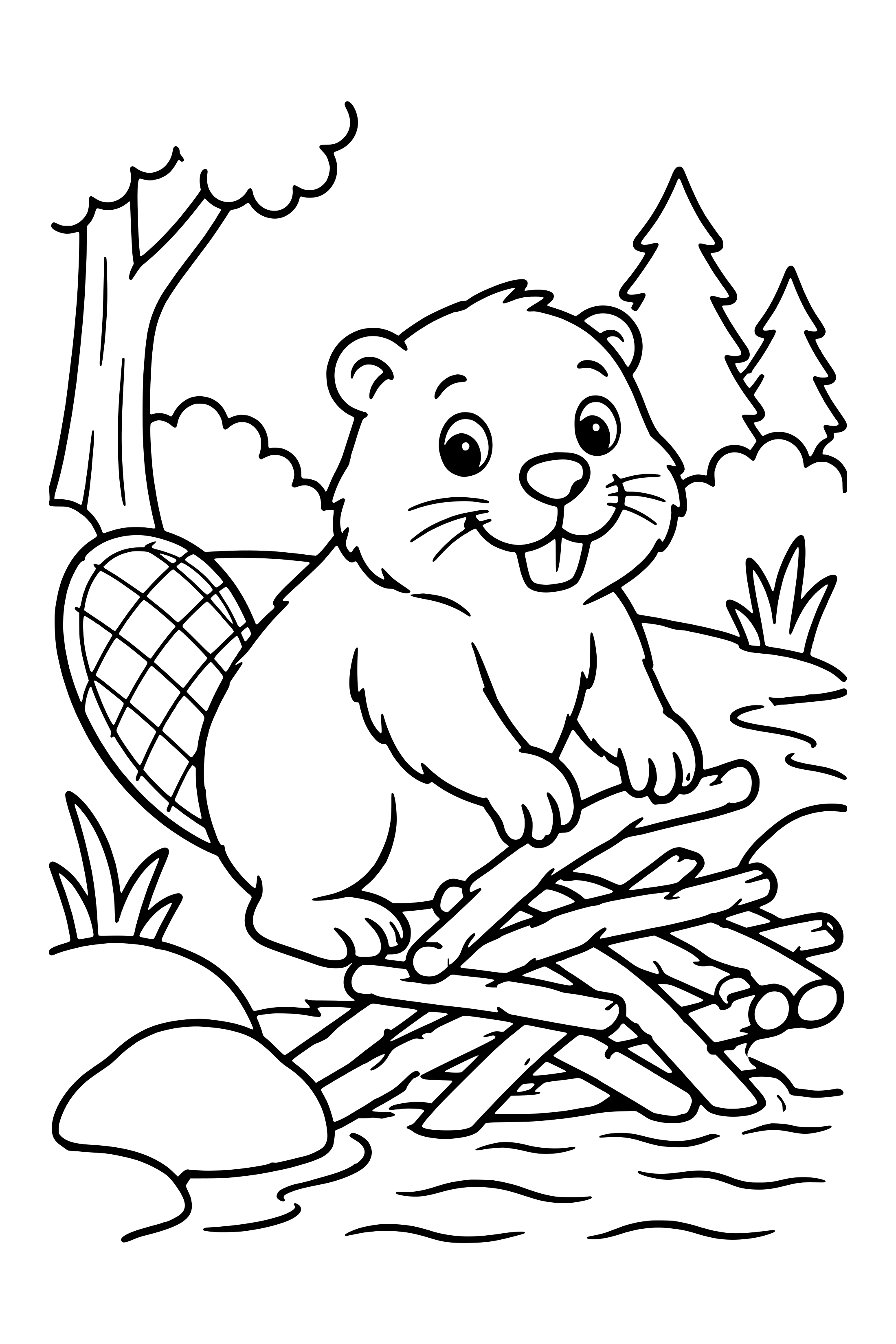 Coloring page of a beaver beside a small dam of broad sticks at a forest stream