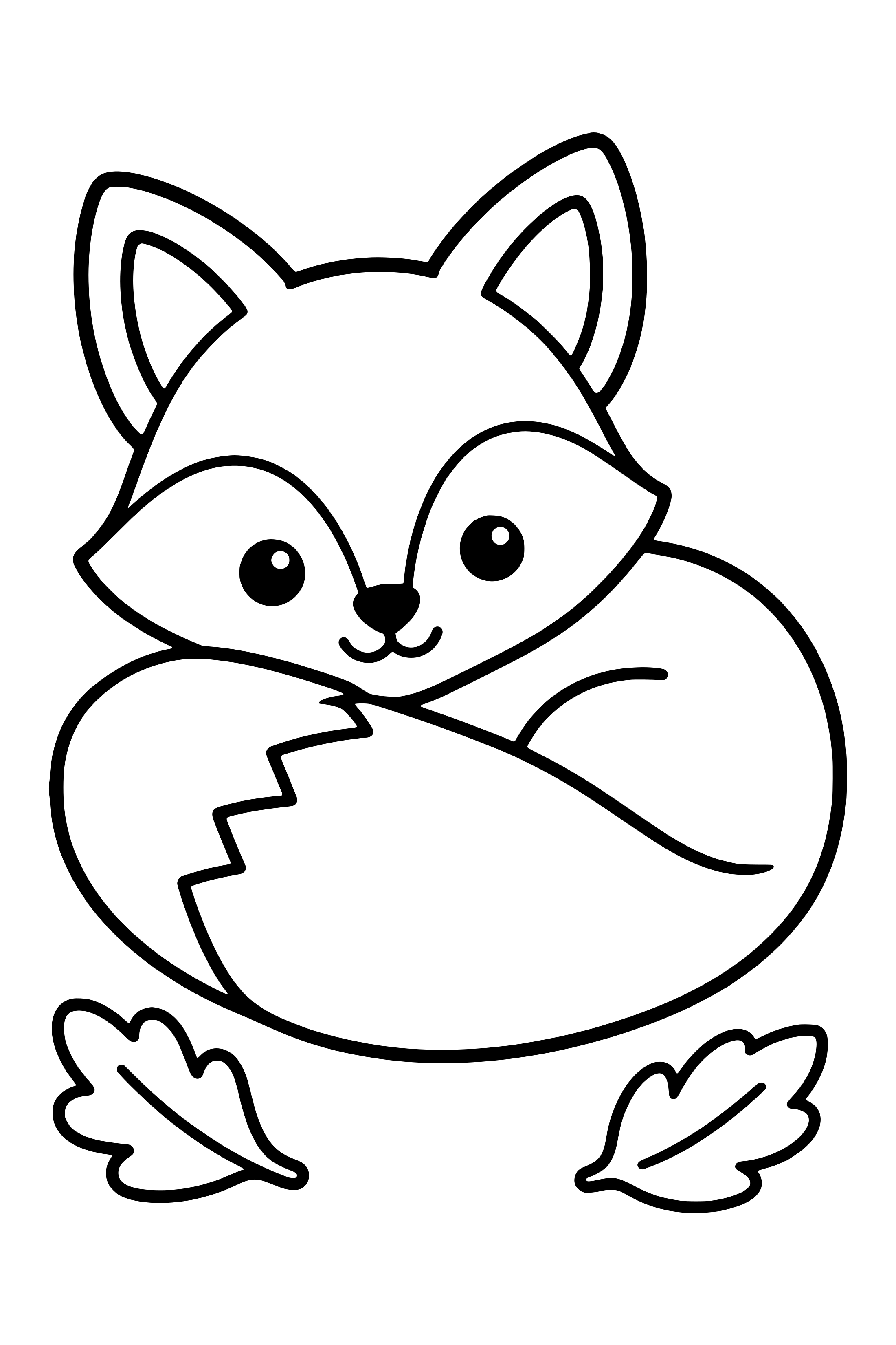 Coloring page of a fox curled around its broad tail beside two fallen leaves