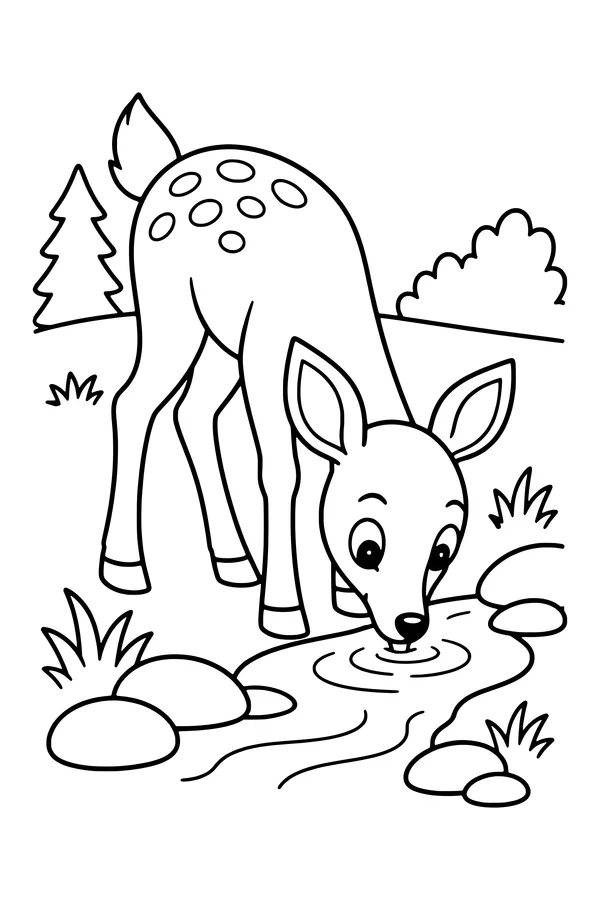 Coloring page of a deer drinking from a narrow stream beside rounded stones