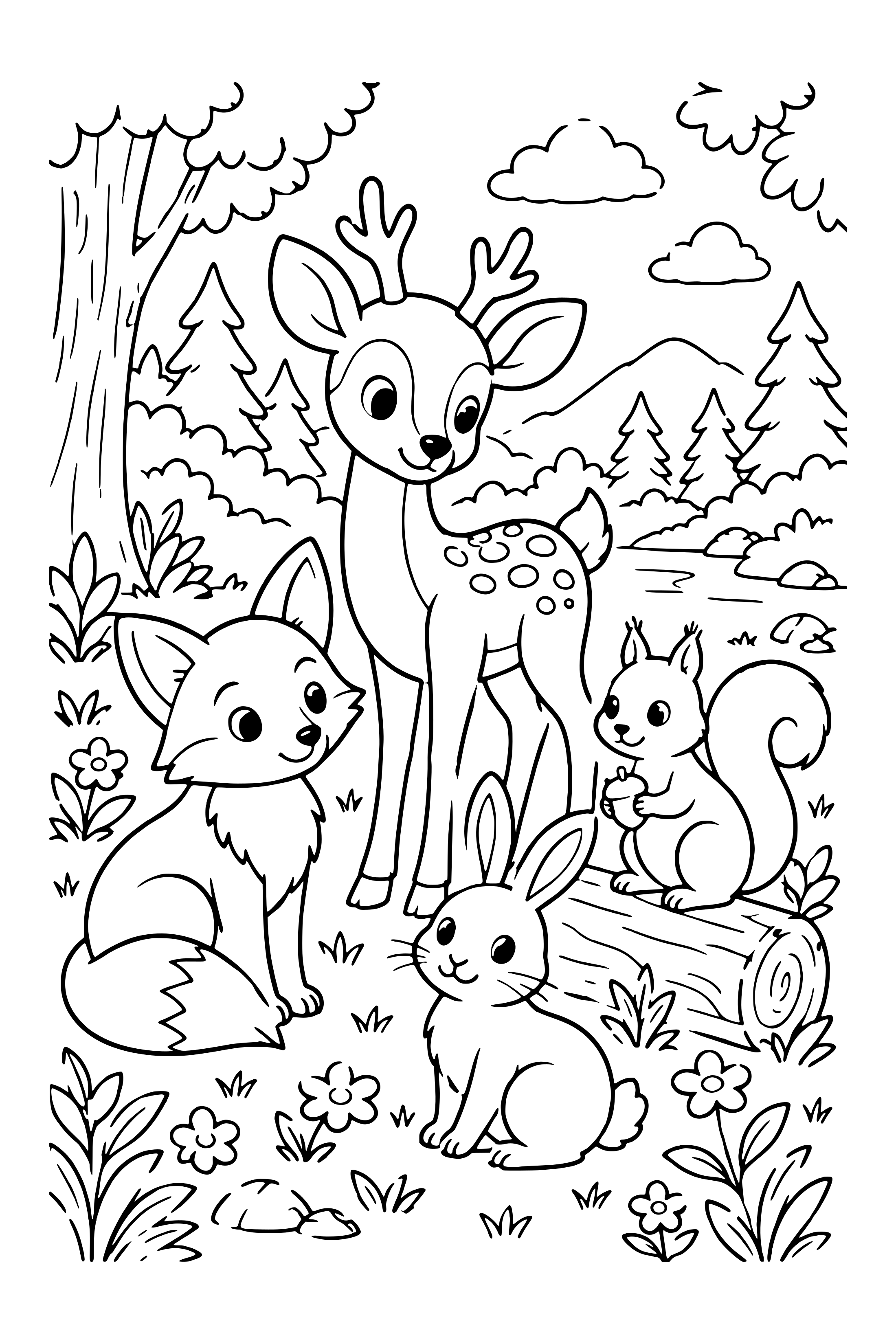 Coloring page of a fox, deer, rabbit and squirrel sharing a peaceful woodland clearing
