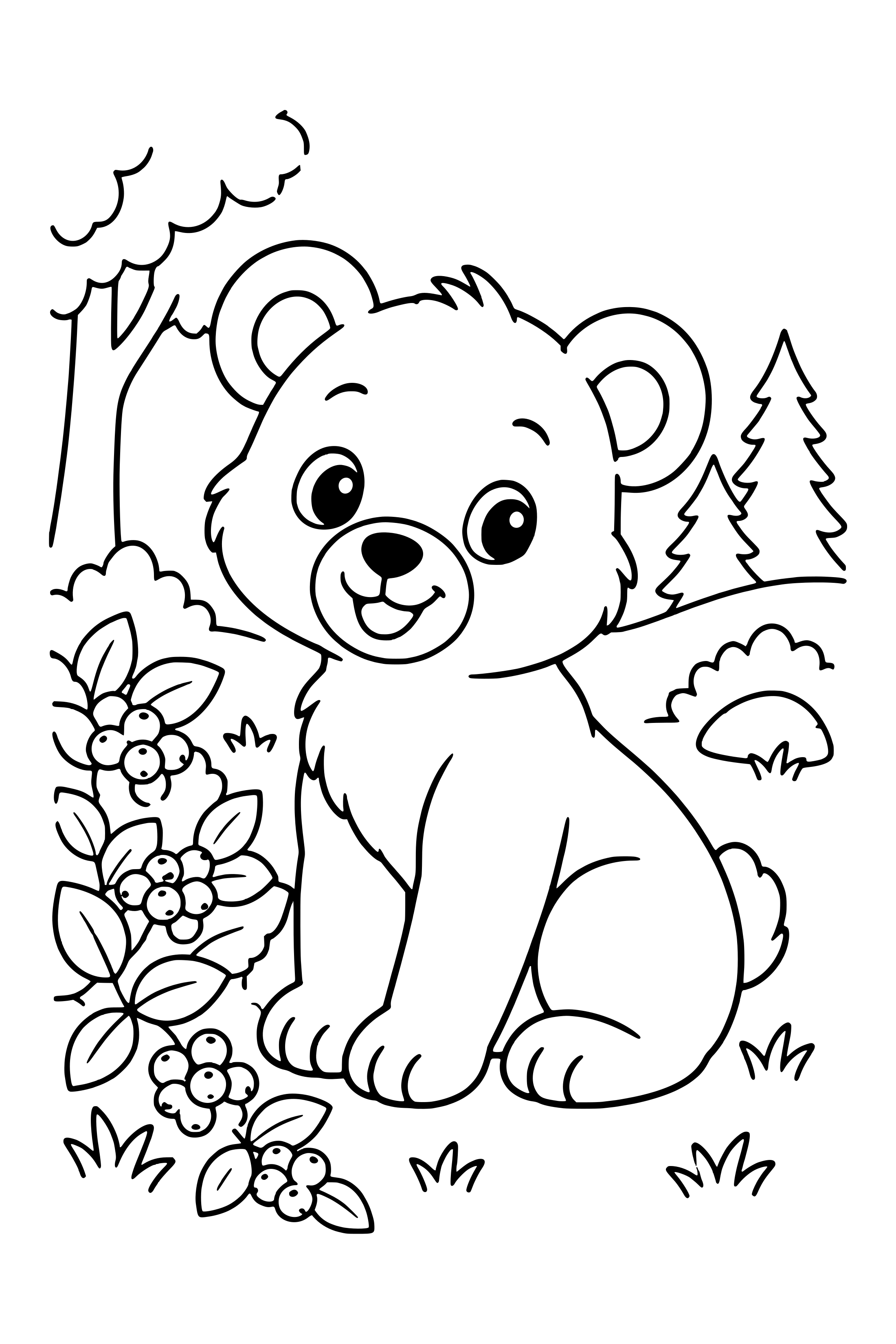 Coloring page of a bear cub sitting beside berry bushes in a woodland clearing