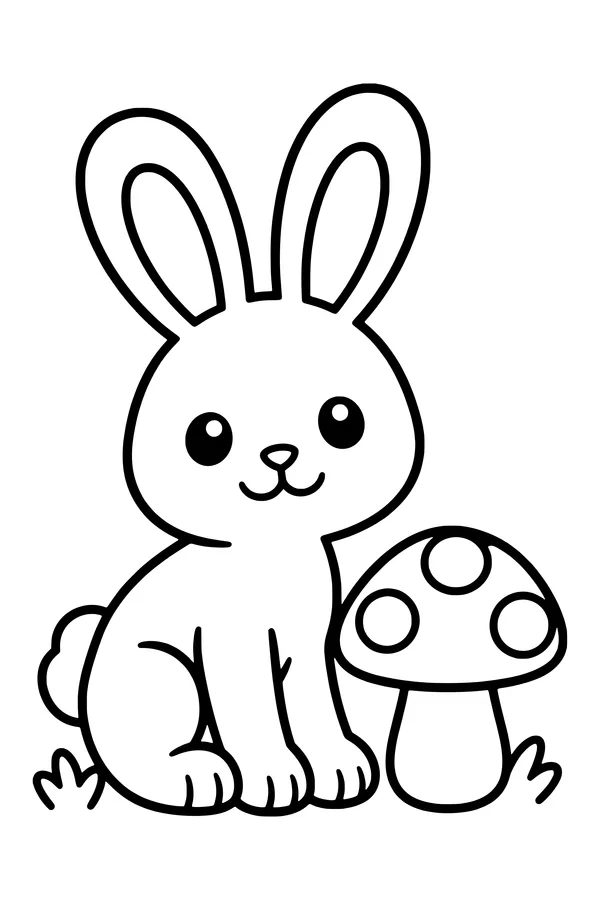 Coloring page of a rabbit with long rounded ears sitting beside a broad mushroom