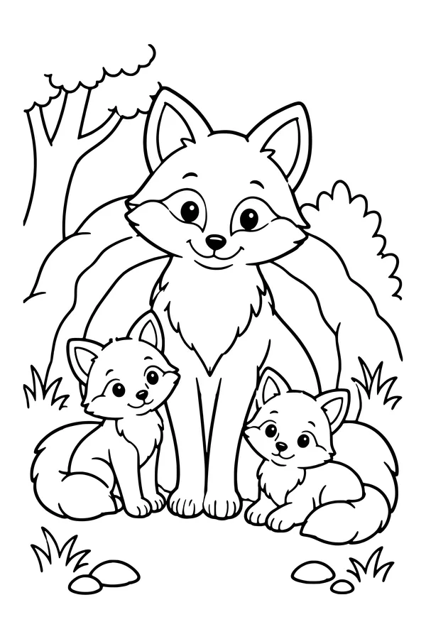 Coloring page of an adult fox sitting beside two cubs at a simple woodland den
