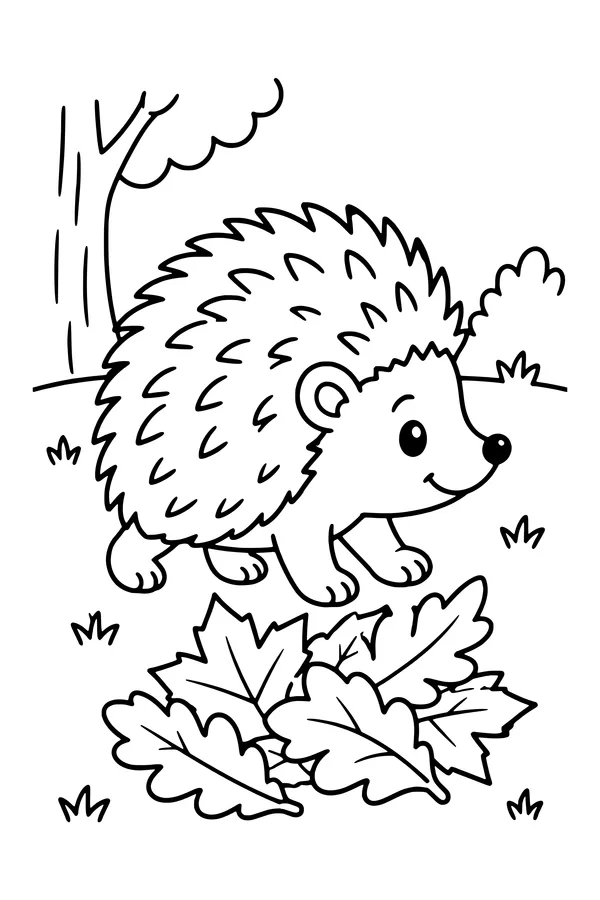 Coloring page of a hedgehog walking beside a pile of broad oak and maple leaves