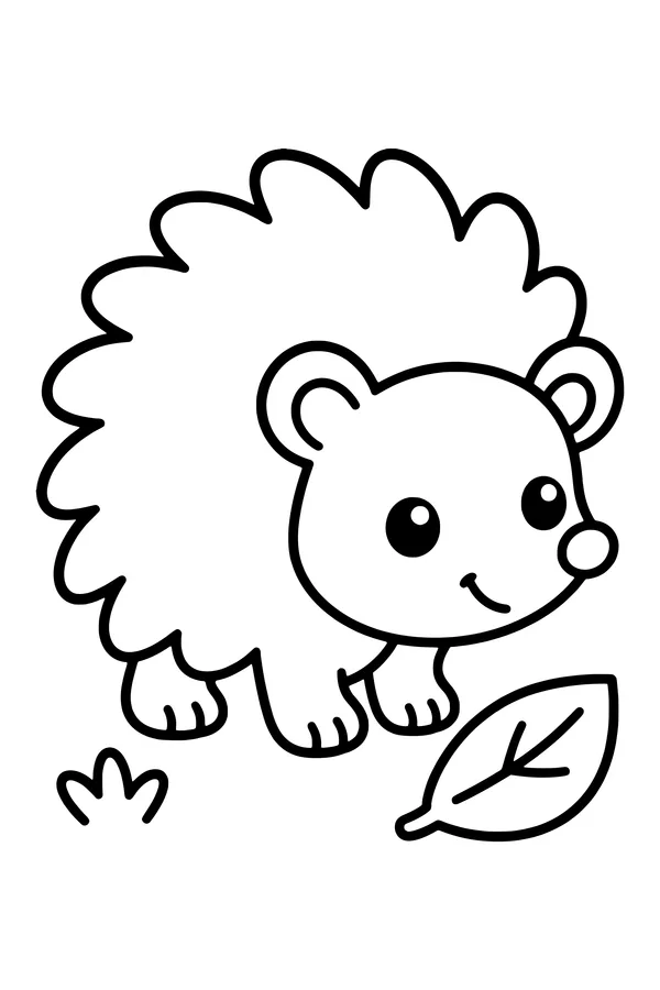 Coloring page of a small hedgehog with broad rounded spines beside a leaf
