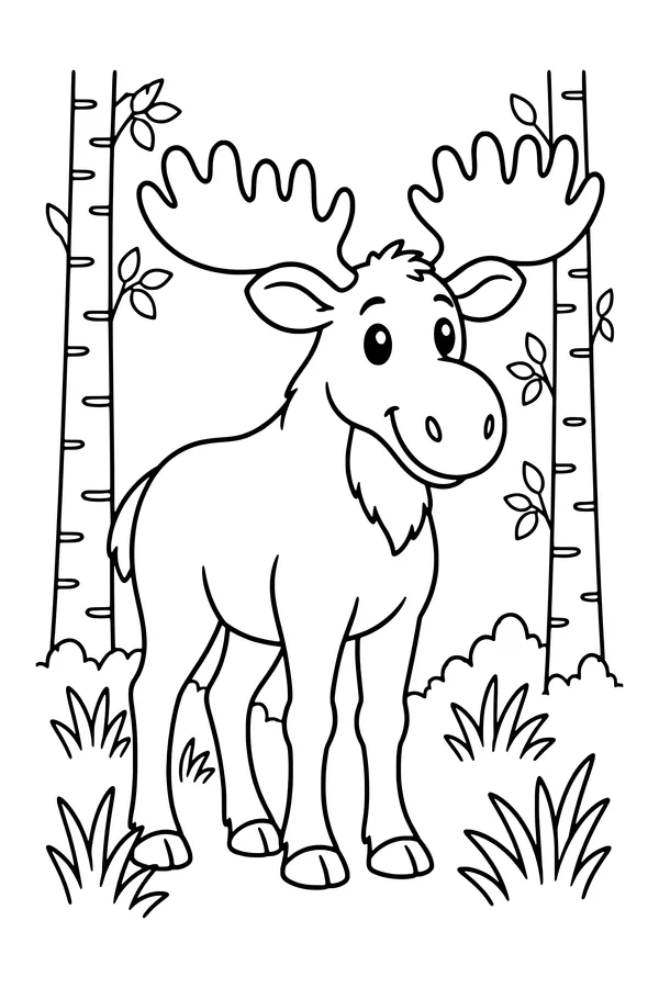Coloring page of a moose standing among a few birch trees and broad grasses