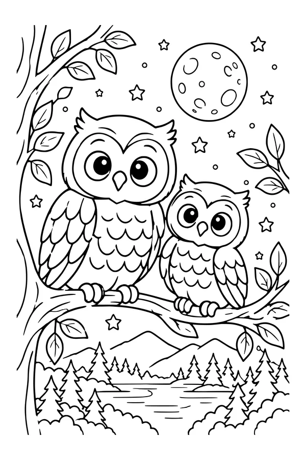 Coloring page of two owls on branches beneath a moon with leaves, stars and a distant woodland