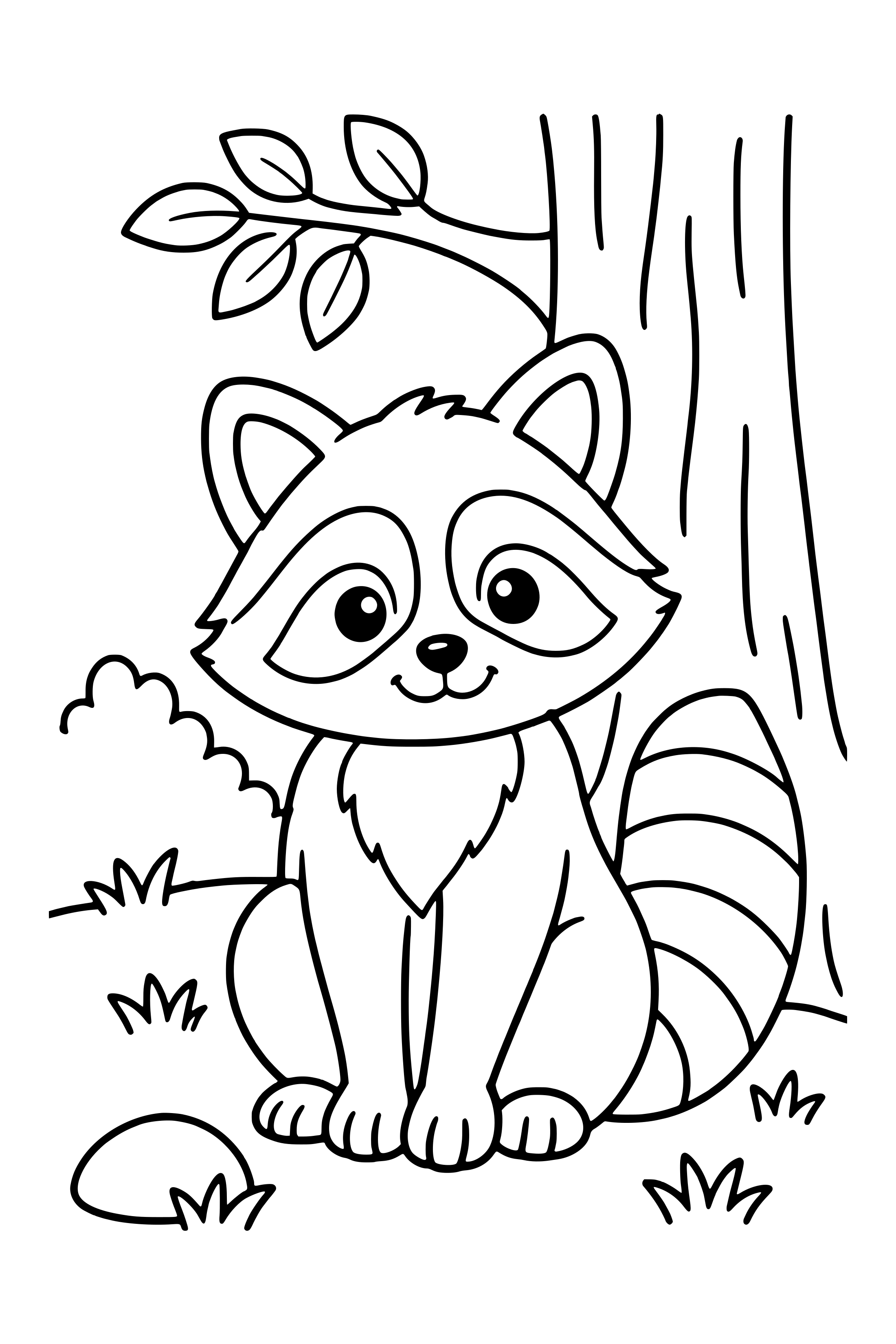 Coloring page of a raccoon with a ringed tail sitting beside a broad tree trunk
