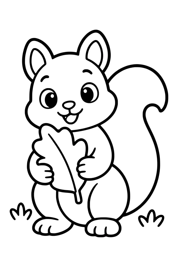 Coloring page of a squirrel holding a broad leaf with its bushy tail curved behind it