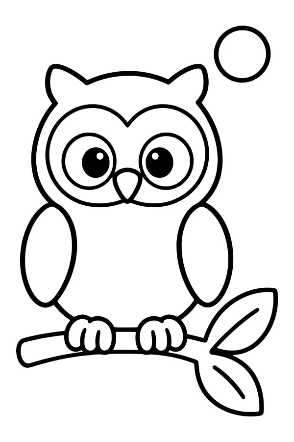 Coloring page of a rounded owl perched on a short branch with two large leaves