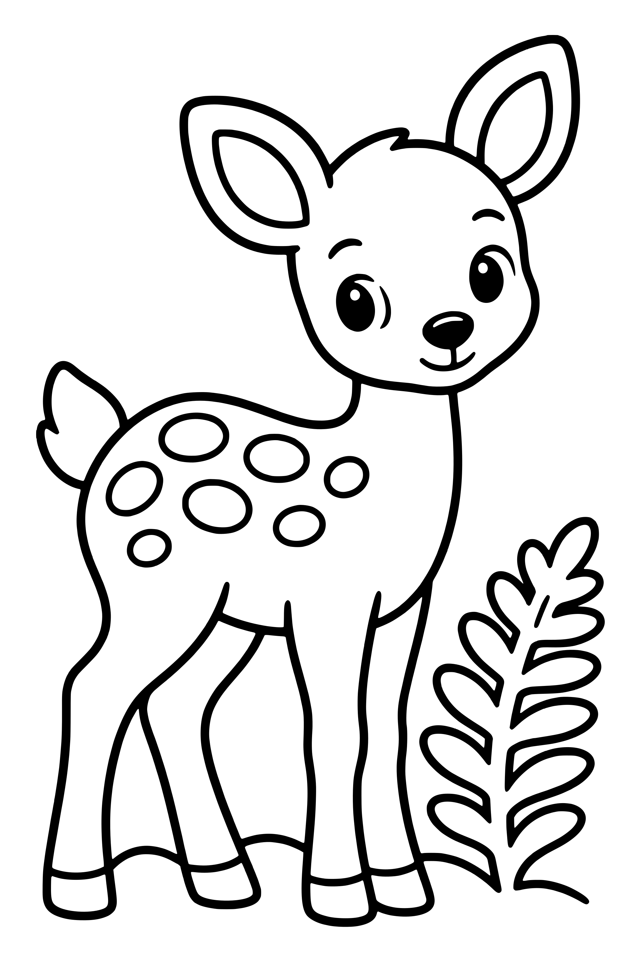 Coloring page of a young deer with broad coat spots standing beside a fern
