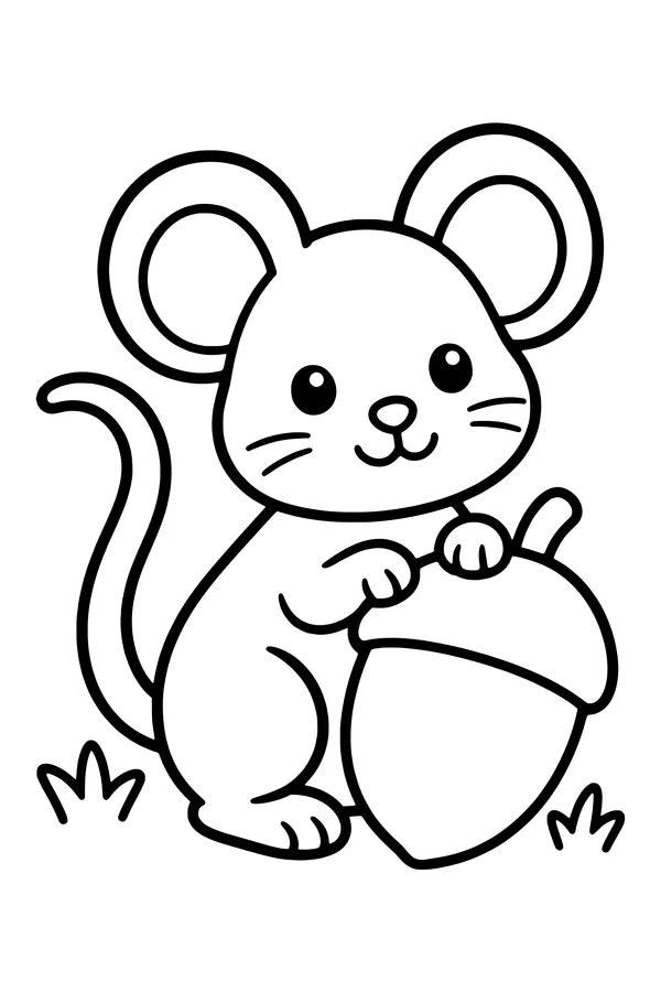 Coloring page of a little mouse with a long curved tail beside a large acorn