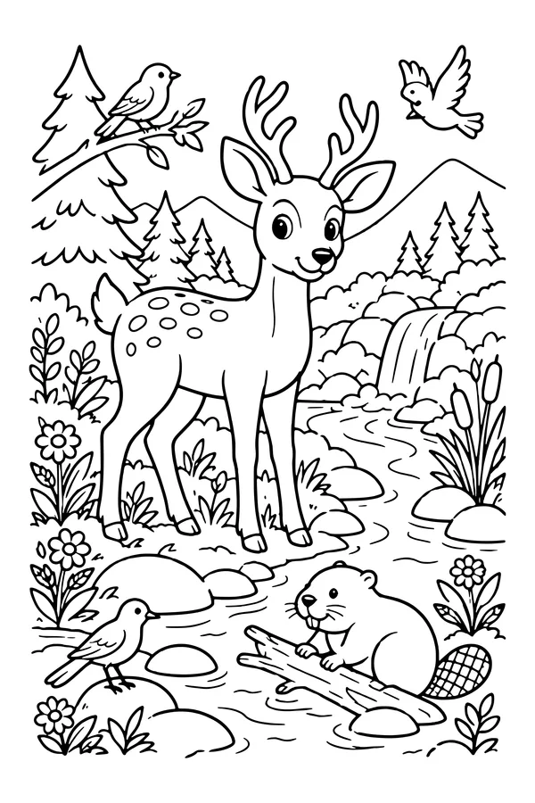 Coloring page of a forest stream with a deer, a beaver, birds and plants along the banks