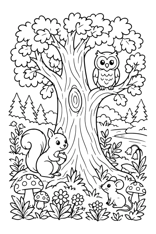 Coloring page of a large old tree surrounded by a squirrel, owl, mouse, mushrooms and woodland plants