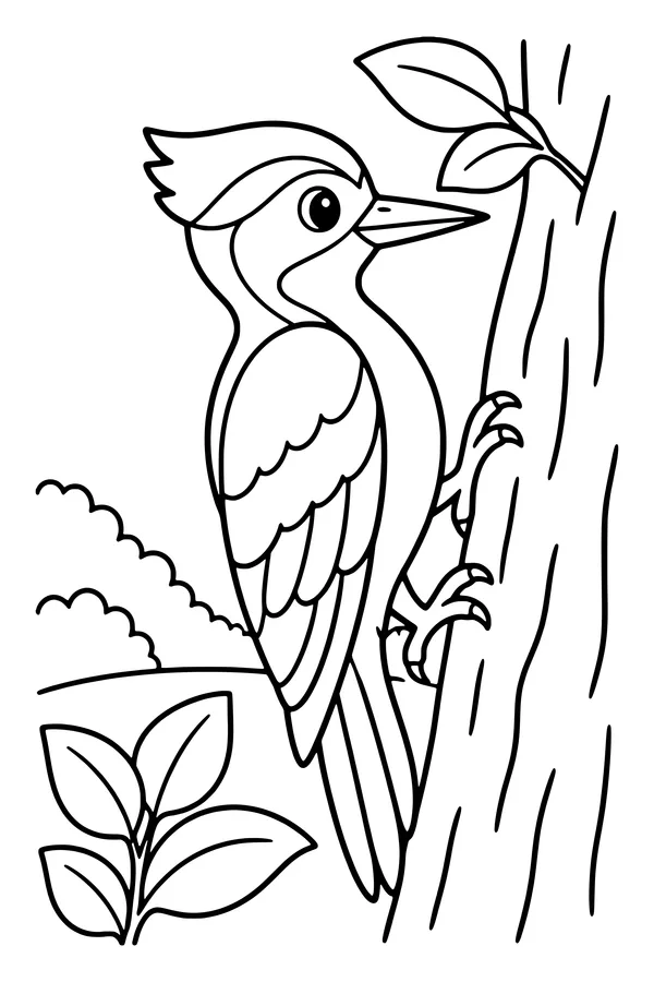 Coloring page of a woodpecker clinging to a tree trunk with a few broad leaves nearby