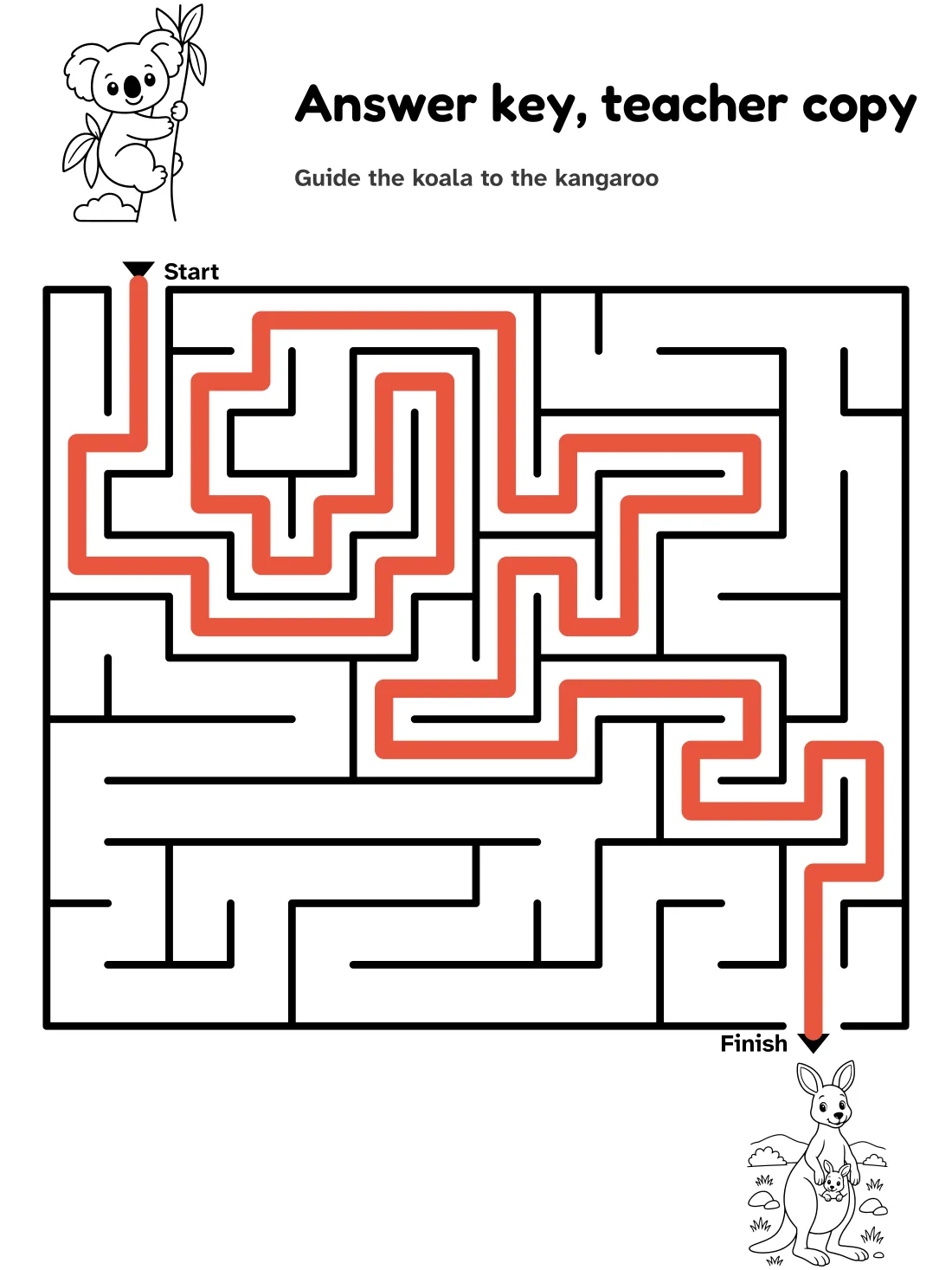 Answer key for the koala to kangaroo maze