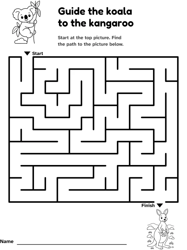 Koala to kangaroo maze: guide the koala to the kangaroo, with pictures at the start and finish