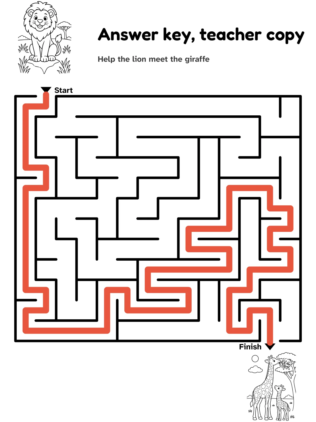 Answer key for the lion to giraffe maze